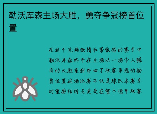 勒沃库森主场大胜，勇夺争冠榜首位置