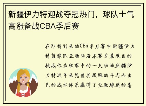 新疆伊力特迎战夺冠热门，球队士气高涨备战CBA季后赛