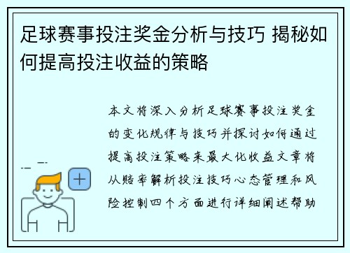 足球赛事投注奖金分析与技巧 揭秘如何提高投注收益的策略