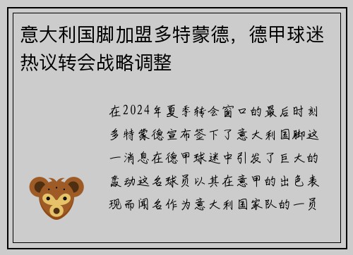 意大利国脚加盟多特蒙德,德甲球迷热议转会战略调整