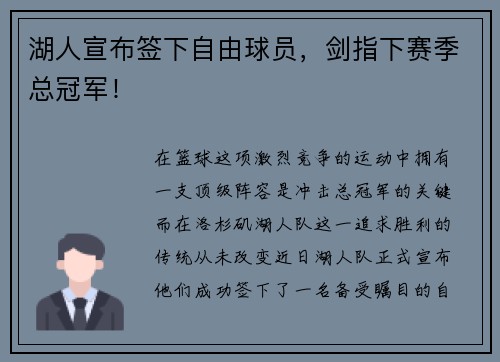 湖人宣布签下自由球员,剑指下赛季总冠军!
