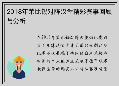 2018年莱比锡对阵汉堡精彩赛事回顾与分析