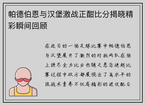 帕德伯恩与汉堡激战正酣比分揭晓精彩瞬间回顾