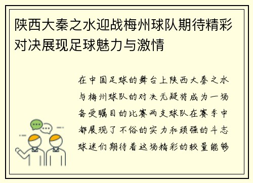 陕西大秦之水迎战梅州球队期待精彩对决展现足球魅力与激情