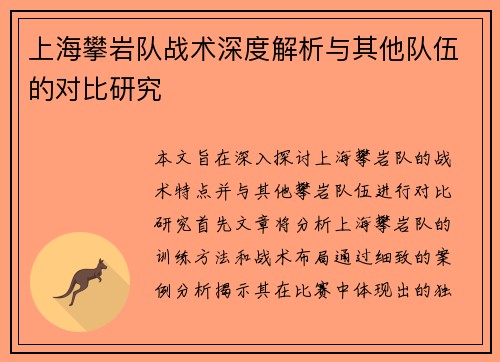 上海攀岩队战术深度解析与其他队伍的对比研究