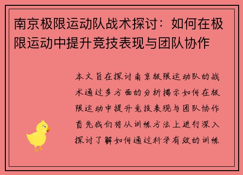 南京极限运动队战术探讨：如何在极限运动中提升竞技表现与团队协作