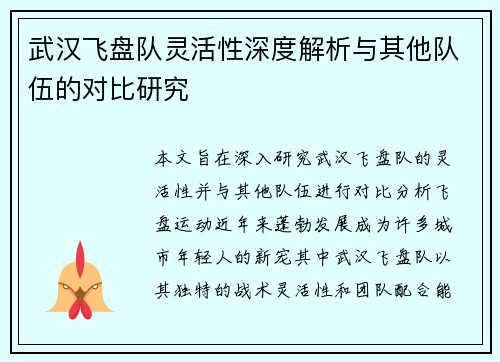 武汉飞盘队灵活性深度解析与其他队伍的对比研究