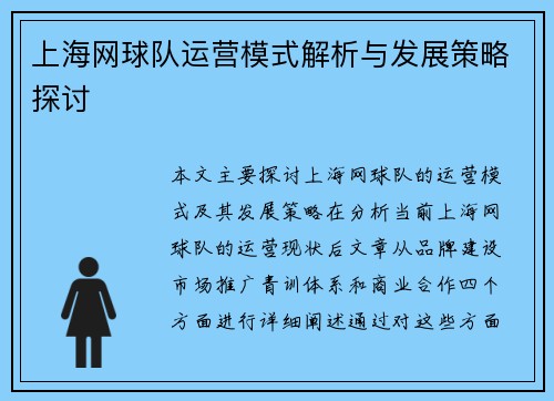 上海网球队运营模式解析与发展策略探讨